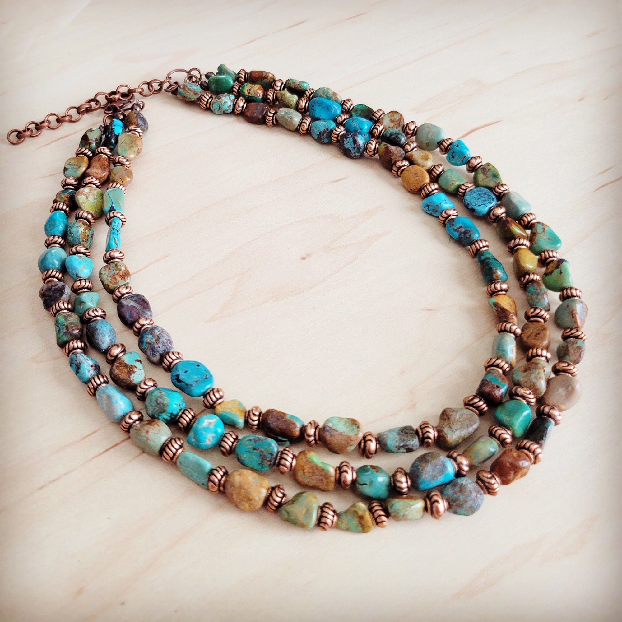 Genuine HuBei Turquoise &amp; Copper Triple Strand Necklace 259t