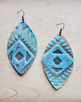 **Leather Oval Earrings-Aztec Cyan 210d