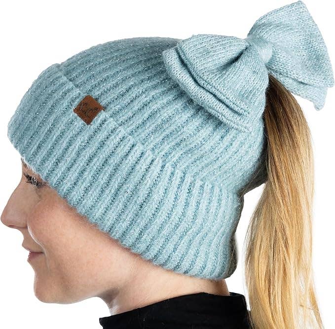 Sequin Ponytail Beanie with Top Bow - Light Blue