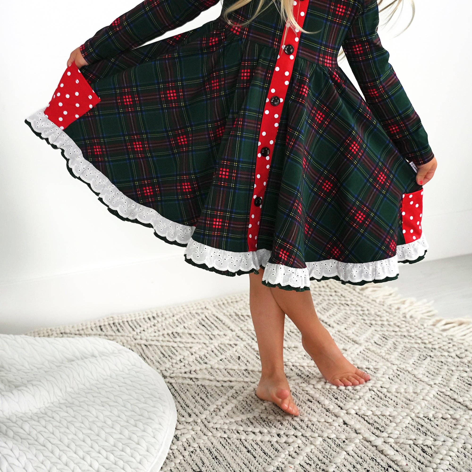 Kane Tartan &amp; Ruby Dot Button Dress Christmas Tartan