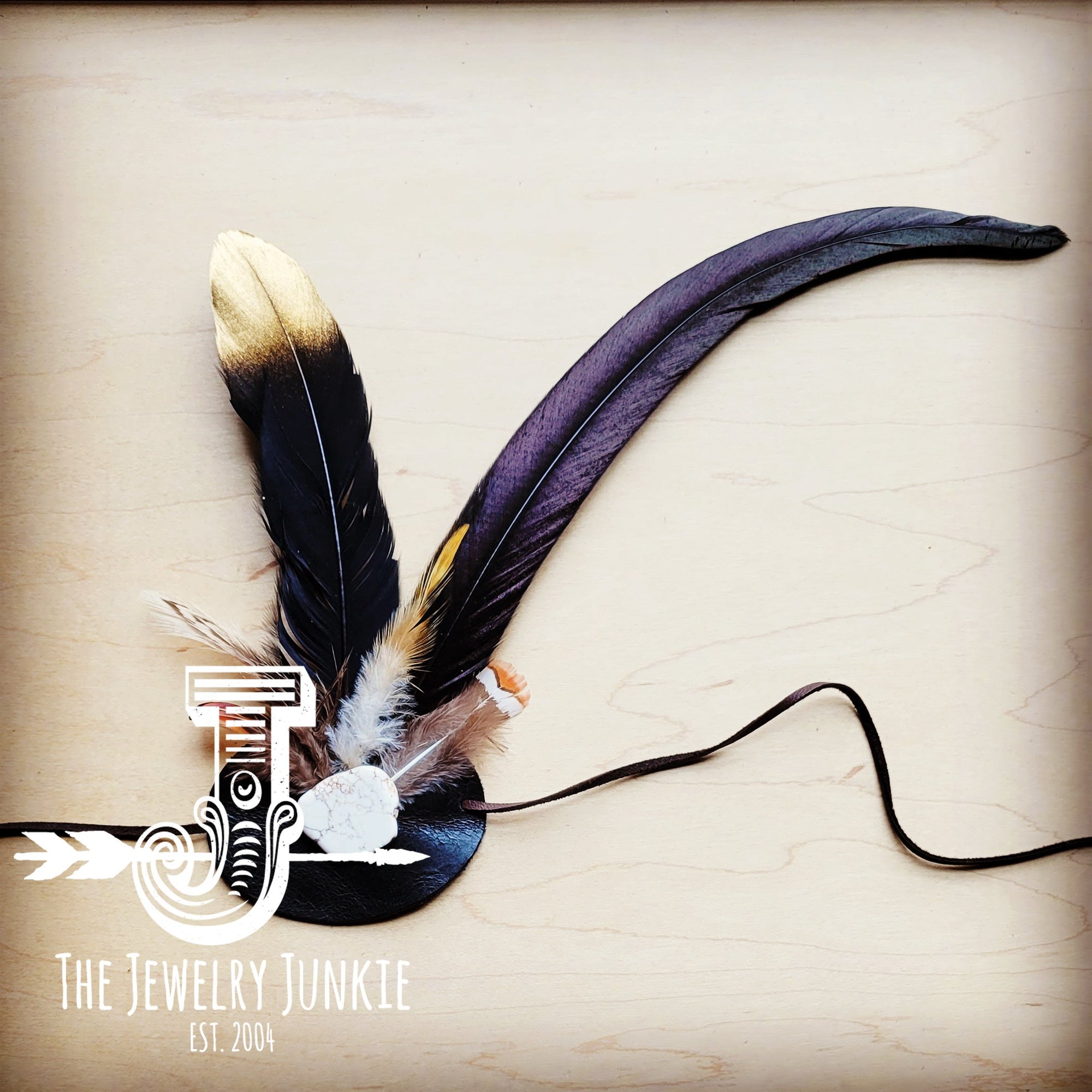 Black/Gold Feather, White Stone &amp; Black Leather Hat Band (Band only) 983g