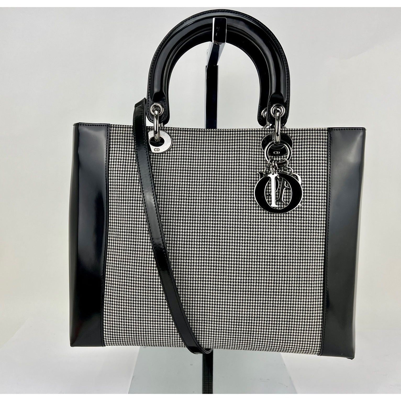 Dior Large Lady Black Patent Leather and Canvas Handbag