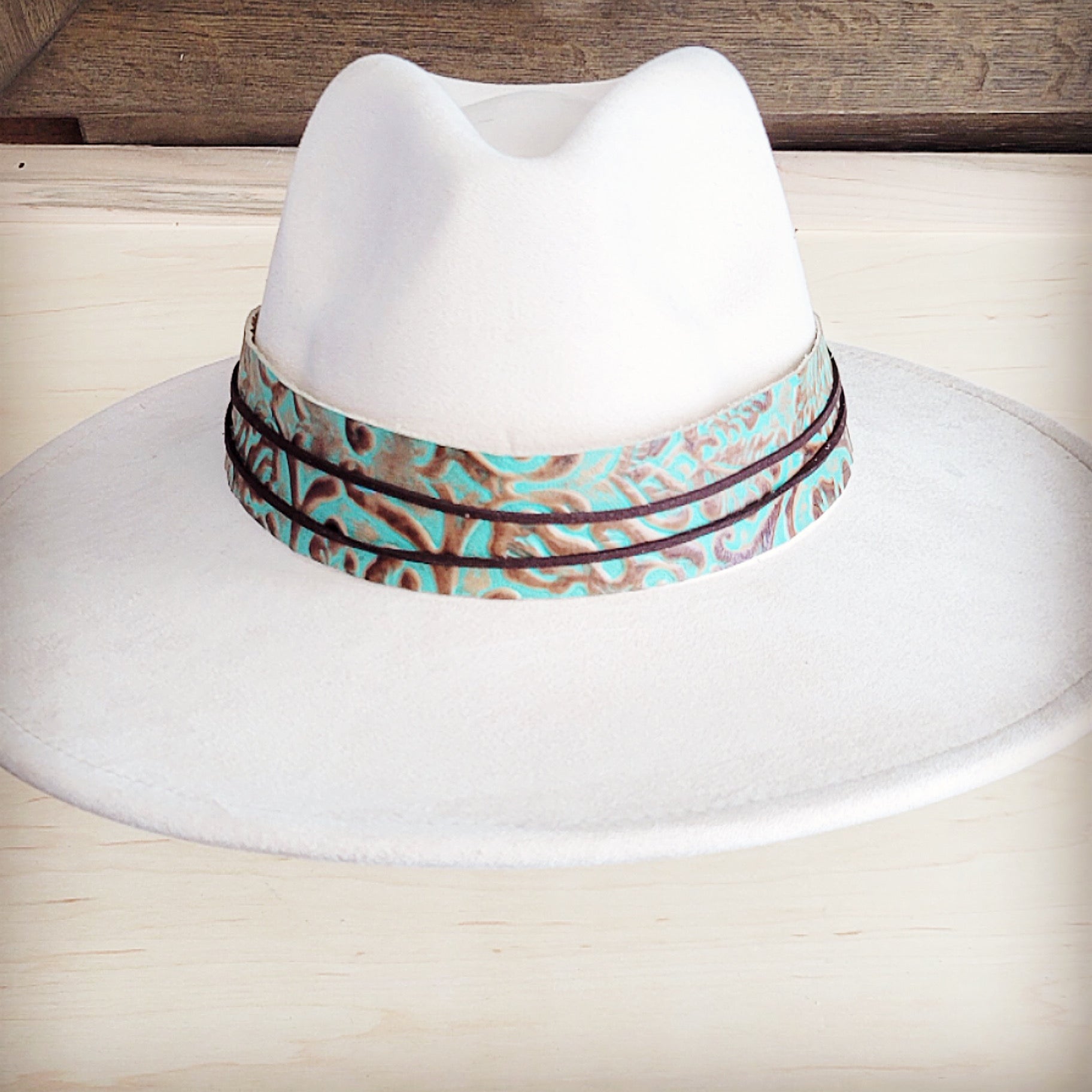 Wide Genuine Leather Cowboy Turquoise Hat Band 953u