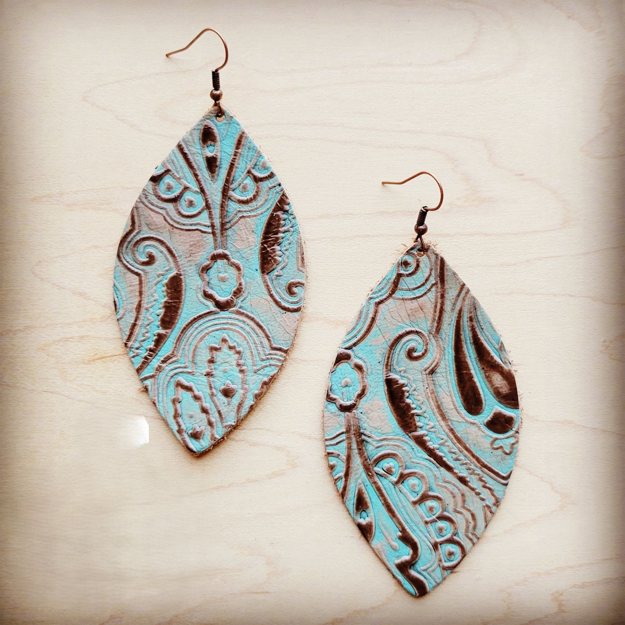 **Leather Oval Earring-Napolis Turquoise &amp; Brown 209u