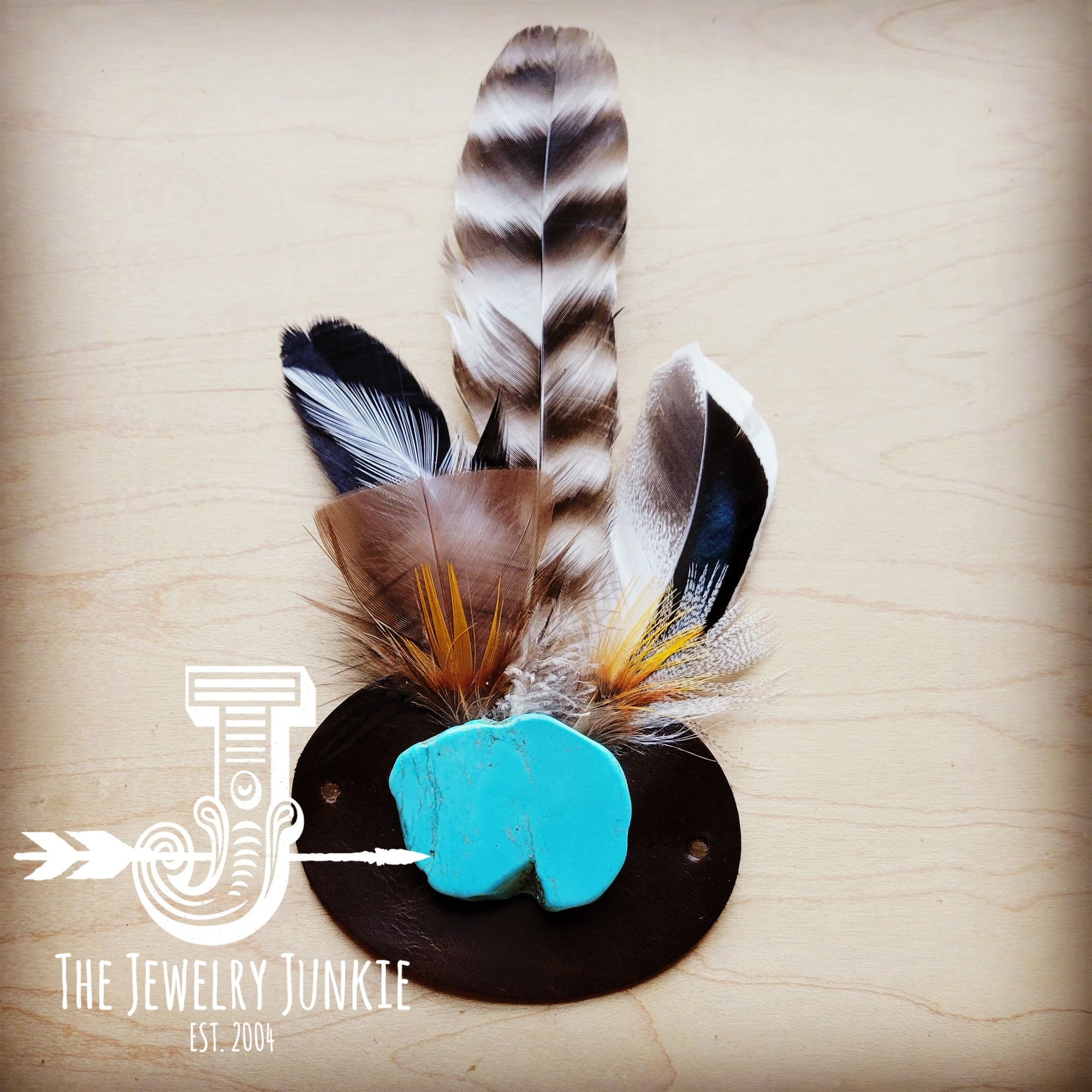 Blue Turquoise, Tan Feather &amp; Leather Hat Band (Band Only) 981a