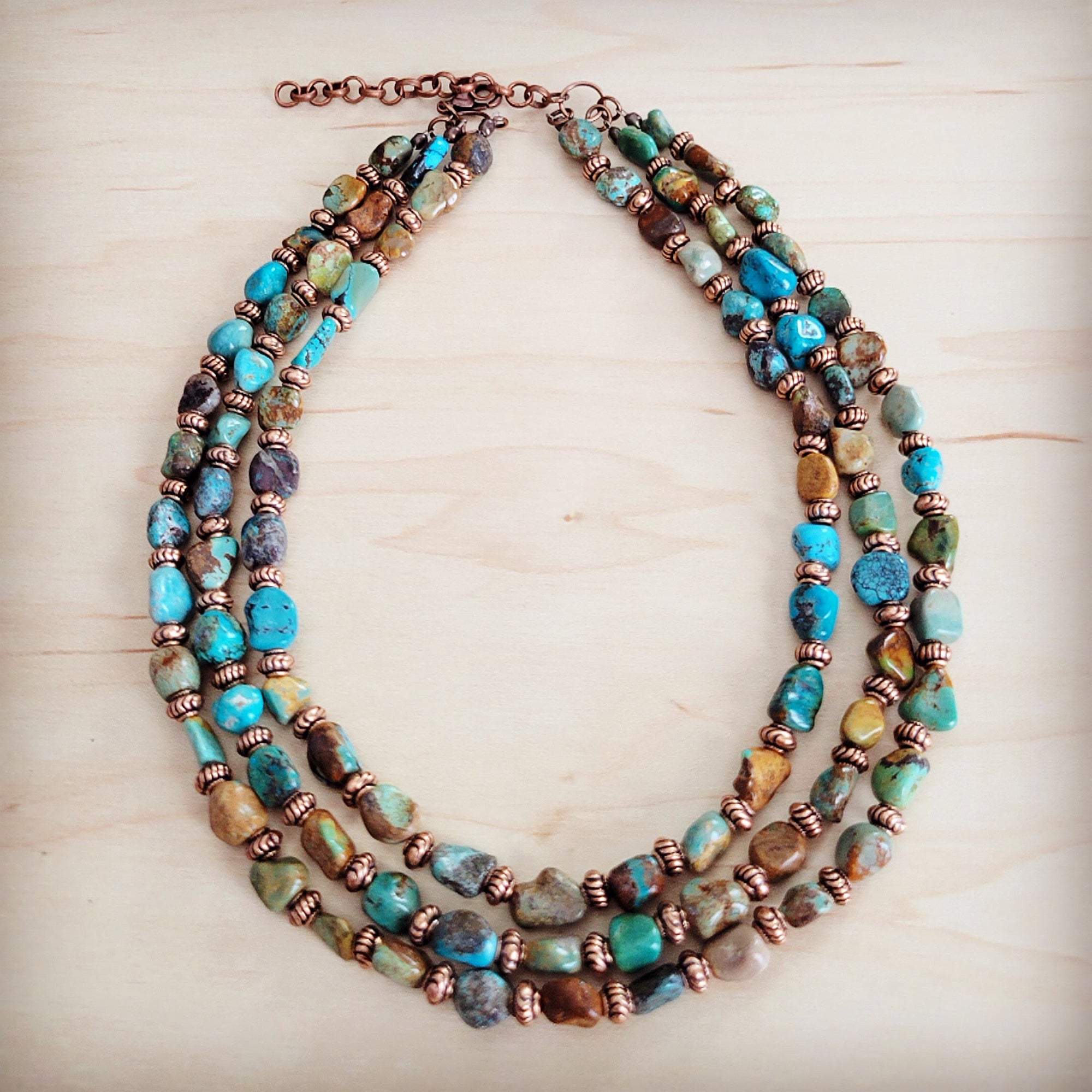 Genuine HuBei Turquoise &amp; Copper Triple Strand Necklace 259t