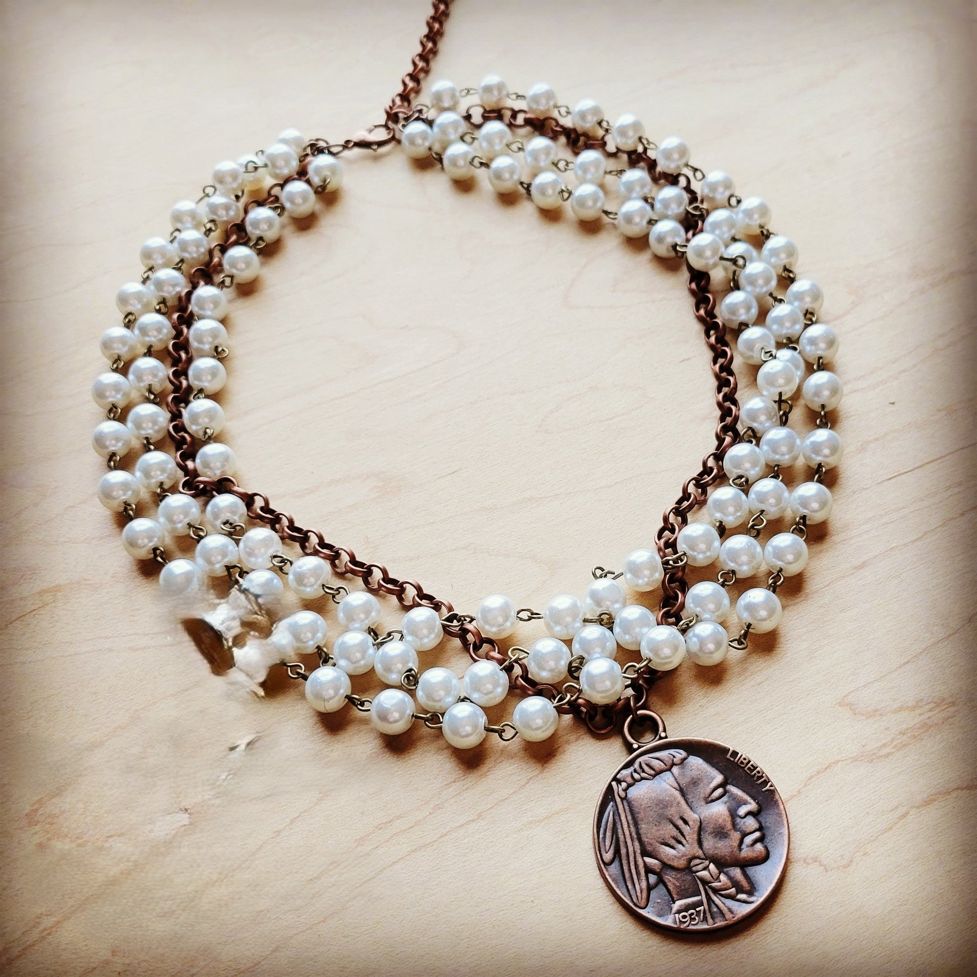 Pearl and Copper Collar-Length Necklace with Indian Coin 255w