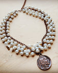 Pearl and Copper Collar-Length Necklace with Indian Coin 255w