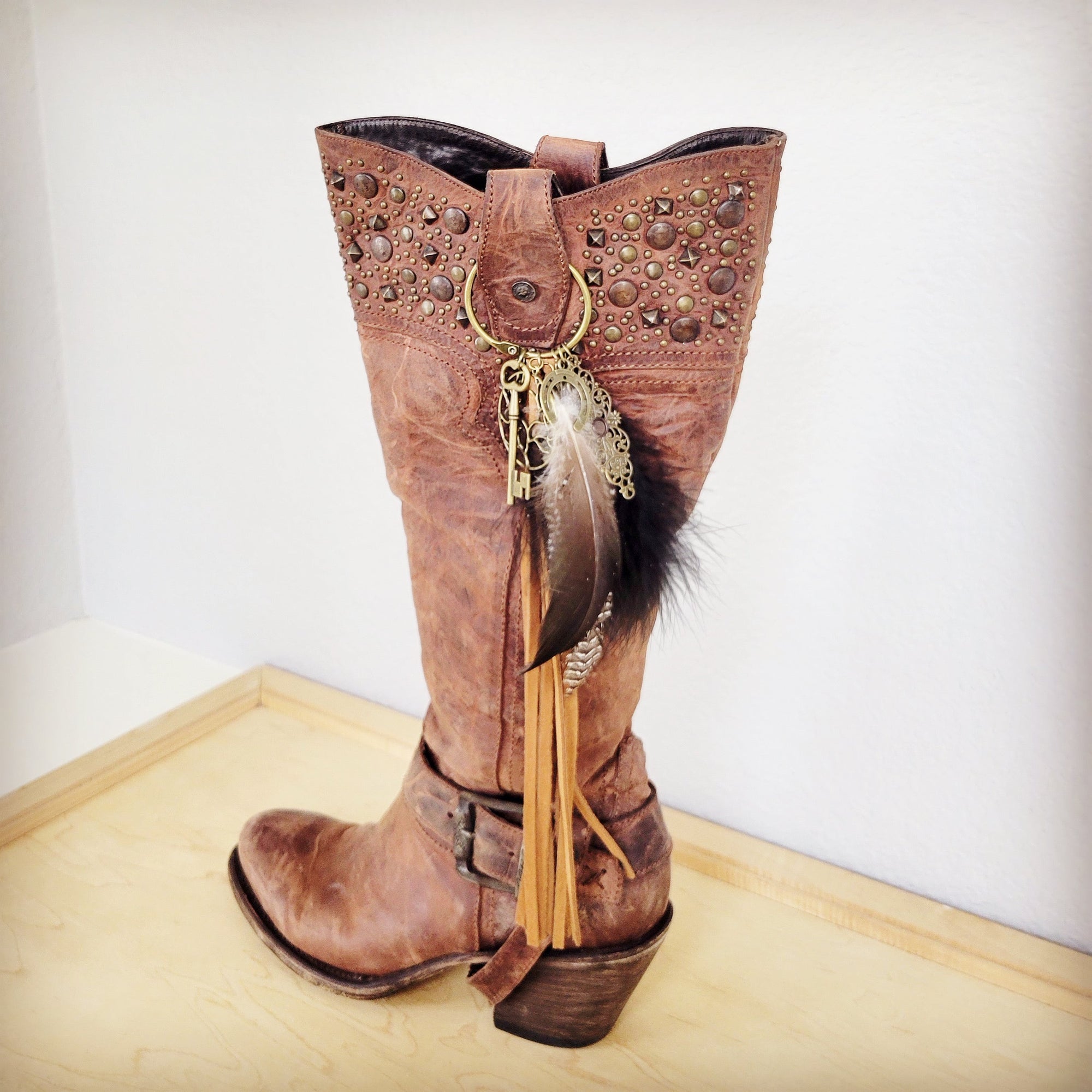 Boho Western Leather Boot Bling Charm Feather &amp; Tree 500k