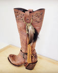Boho Western Leather Boot Bling Charm Feather & Tree 500k