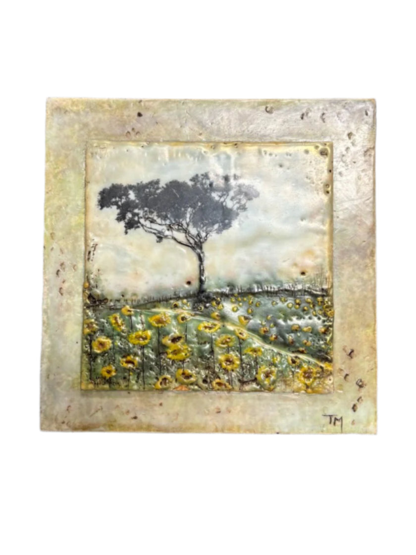 Trish McFerran Tree in Sunflower Field Encaustic Art