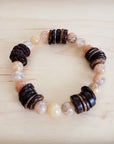 Natural Agate and Wood Beaded Stretch Bracelet 811n