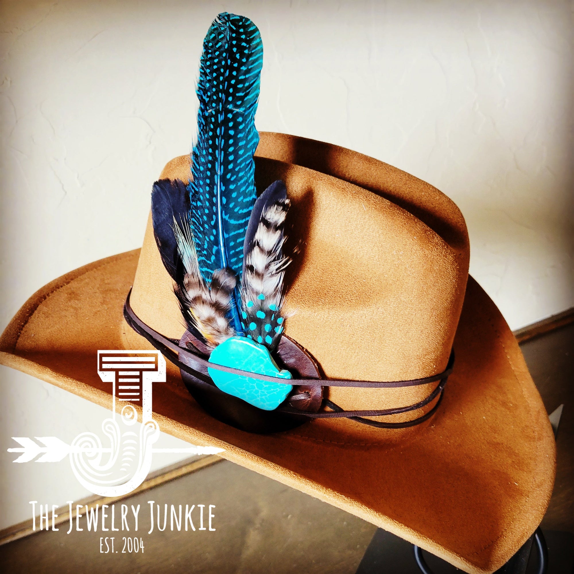 Blue Turquoise, Blue Feather &amp; Leather Hat Band (Band Only) 980y