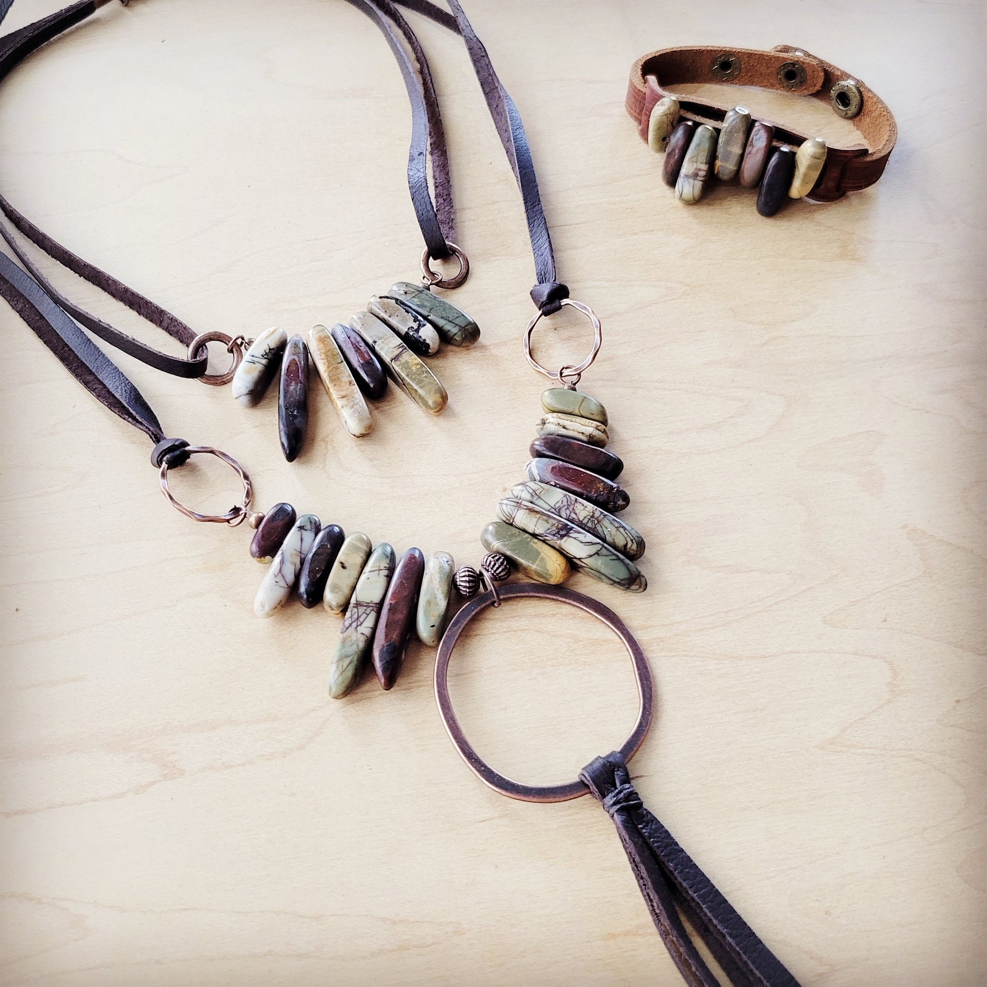Picasso Jasper Necklace w/ Copper Hoop &amp; Leather Tassel 261e