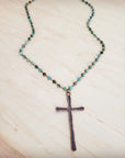 Genuine African Turquoise Long Beaded Necklace with Antique Copper Cross 262y