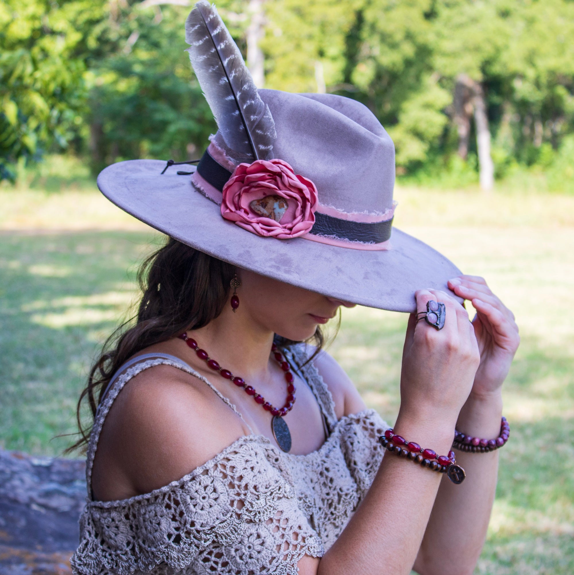 Leather Hat Band w/ Silk Flower &amp; Feathers-Rose (Band Only) 952w