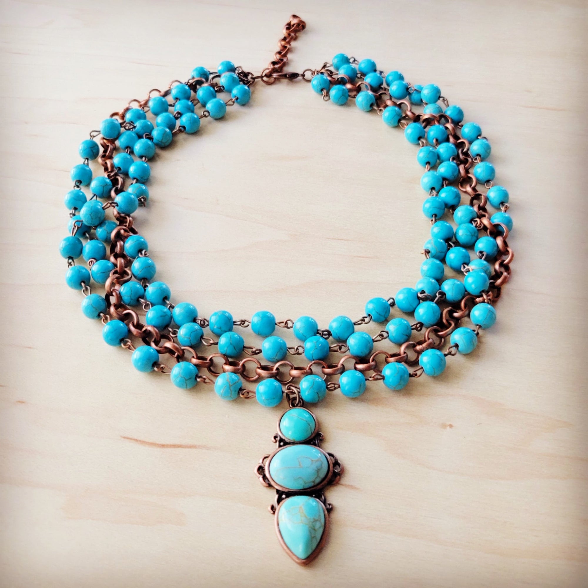 Triple Strand Turquoise &amp; Copper Collar Necklace w/ Droplet Pendant 257lm