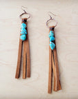 Leather Fringe Earrings with Turquoise Chunks Tan 223f