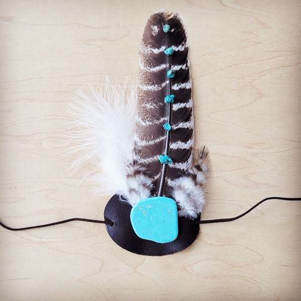 Turquoise Accent Turkey Feather &amp; Leather Hat Band Only 952d