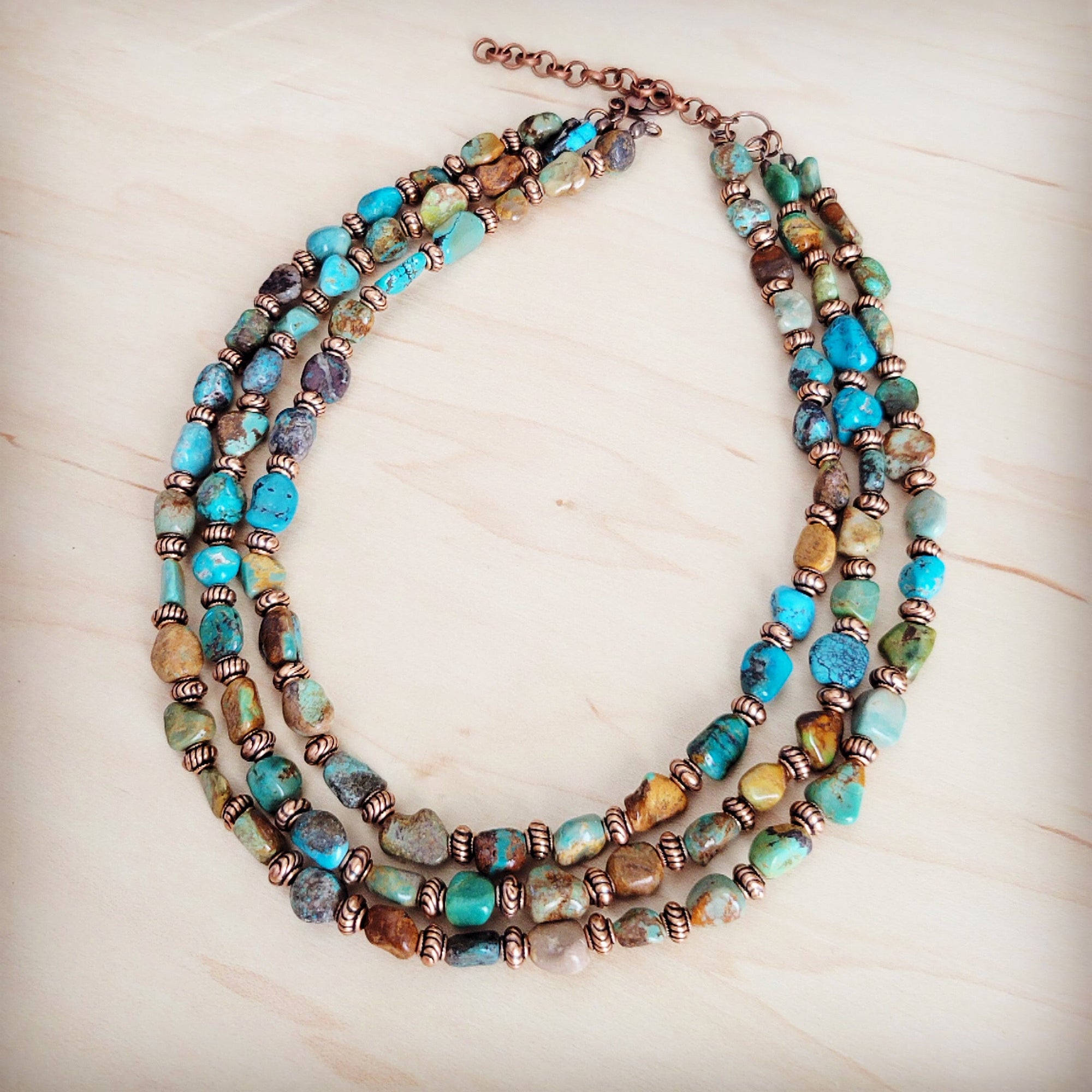Genuine HuBei Turquoise &amp; Copper Triple Strand Necklace 259t