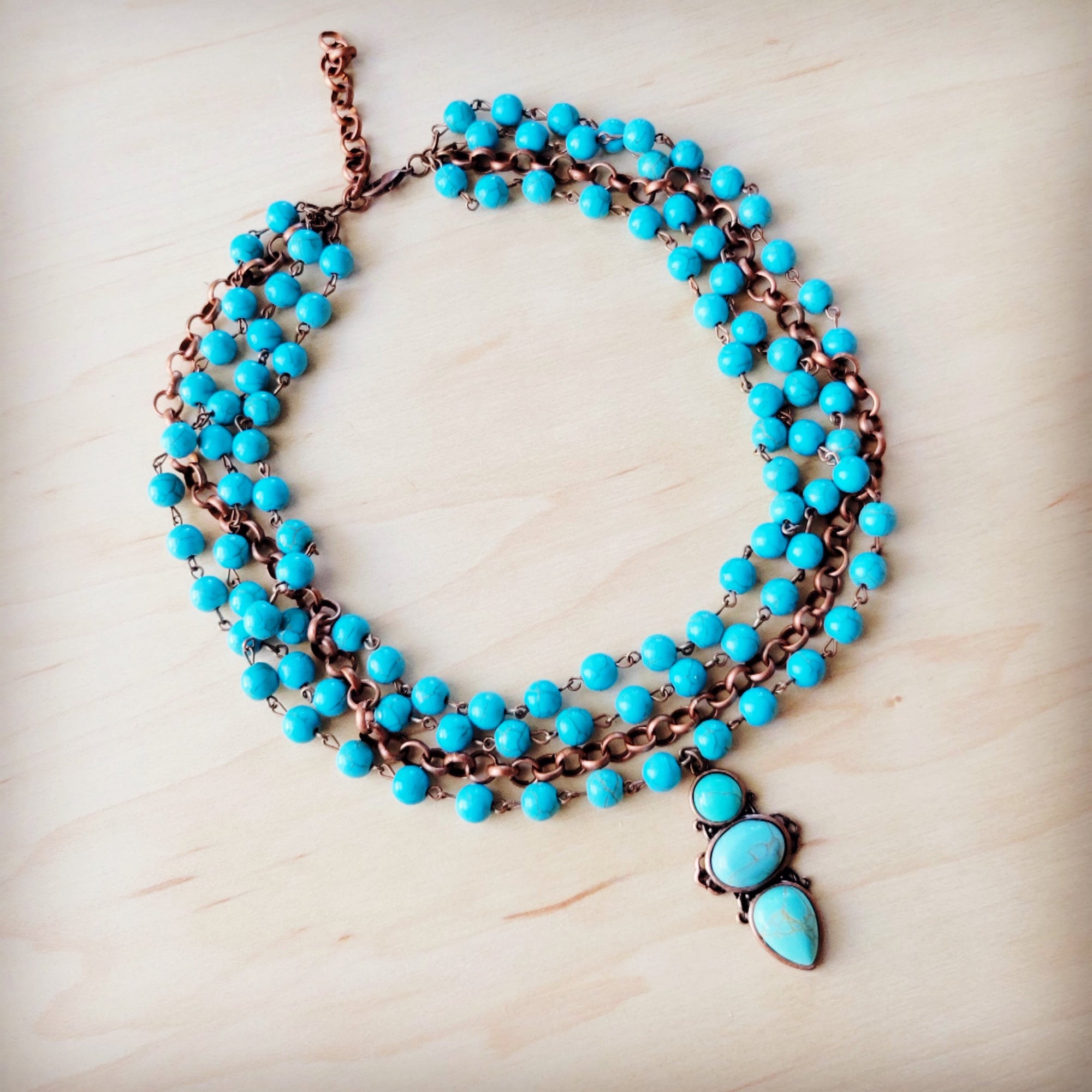 Triple Strand Turquoise &amp; Copper Collar Necklace w/ Droplet Pendant 257lm
