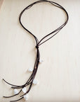 Dark Brown Boho Knotted Leather Cord Necklace w/ Pearls 263w