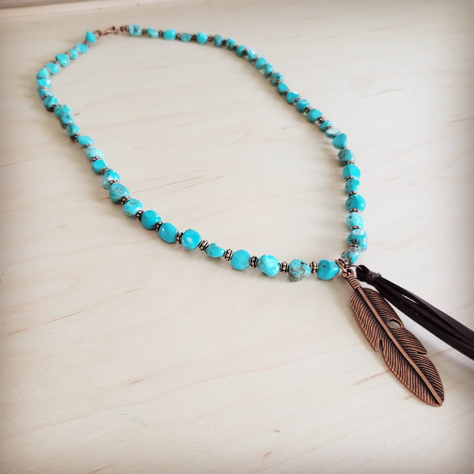 Turquoise &amp; Copper Necklace w/ Feather Tassel Pendant 264c