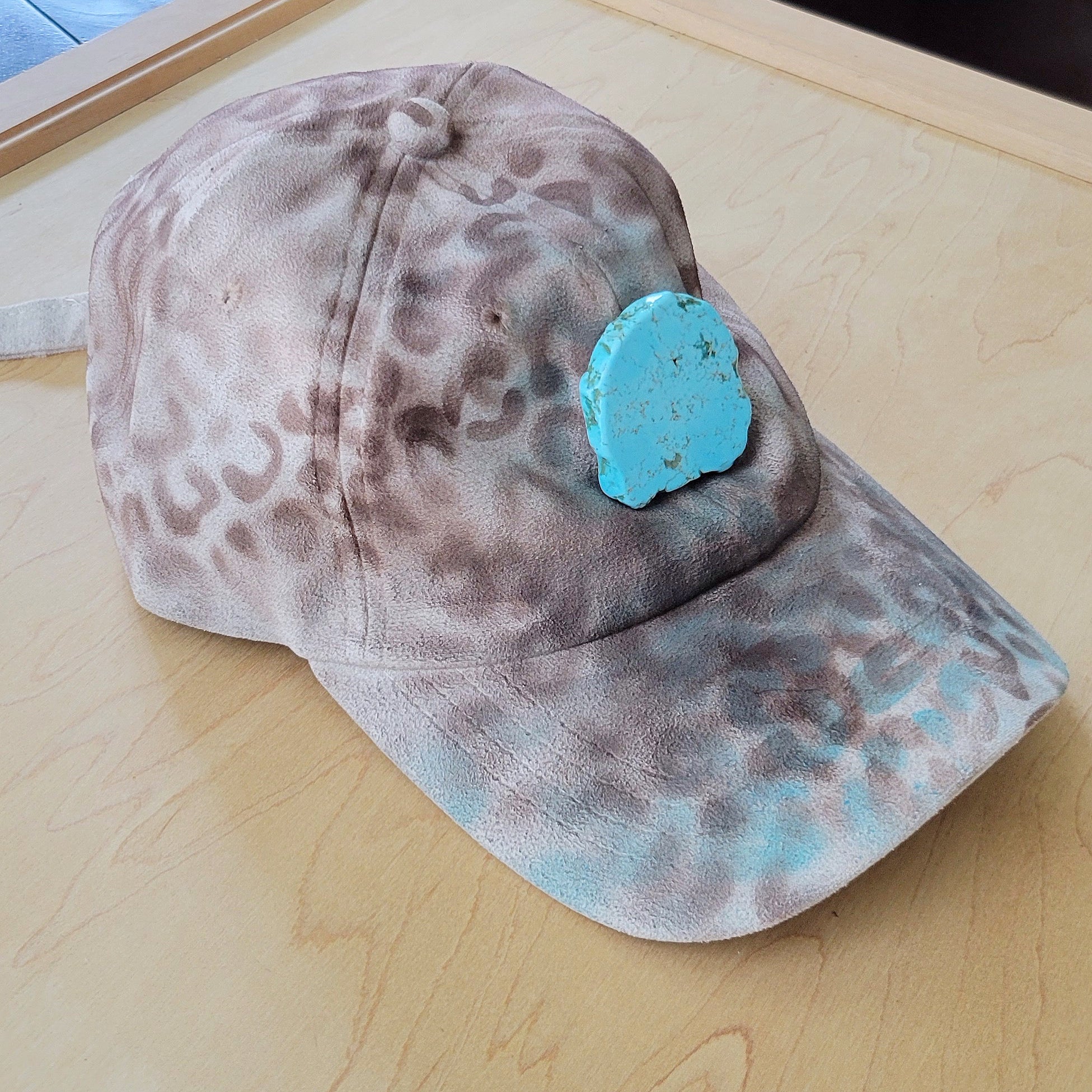 Hand-Painted Leopard Suede Baseball Cap w/ Turquoise-Ivory 986m
