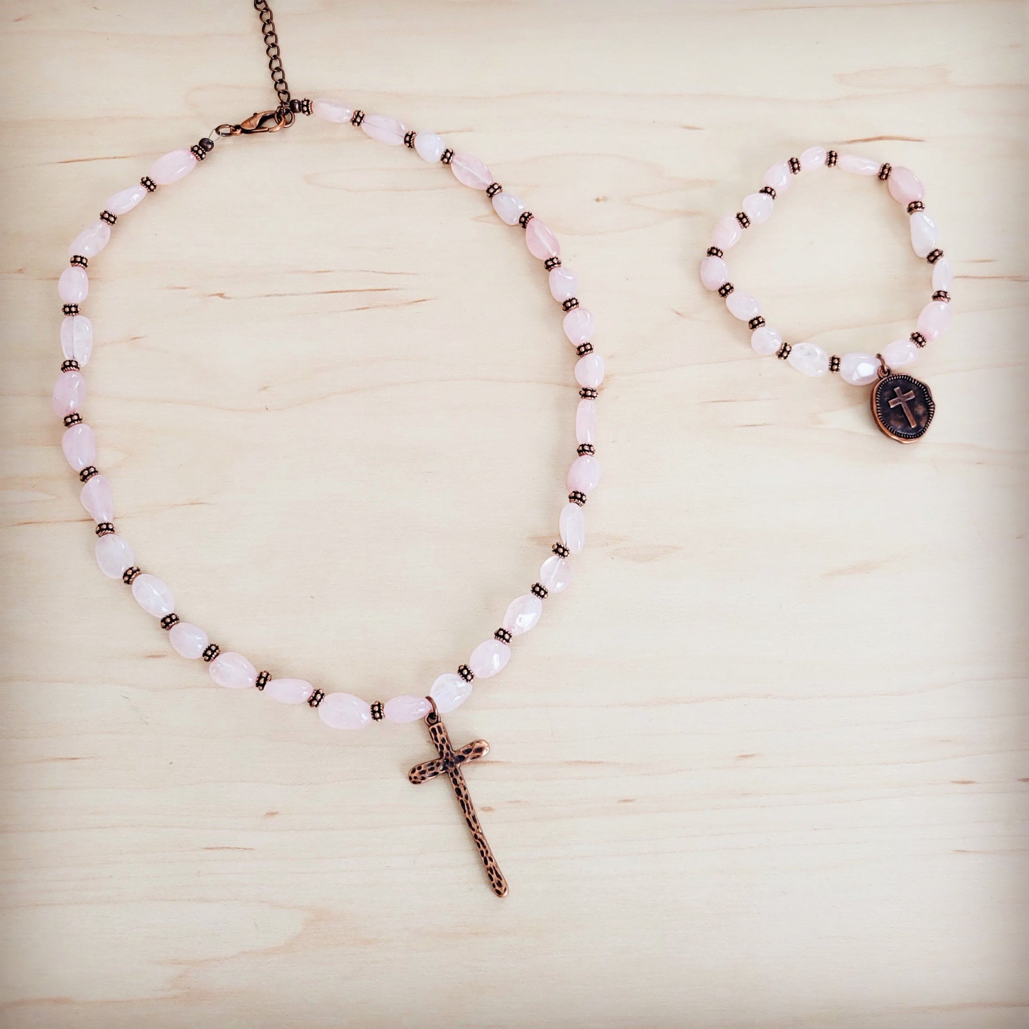 Rose Quartz Collar Necklace w/ Copper Cross Pendant 263i