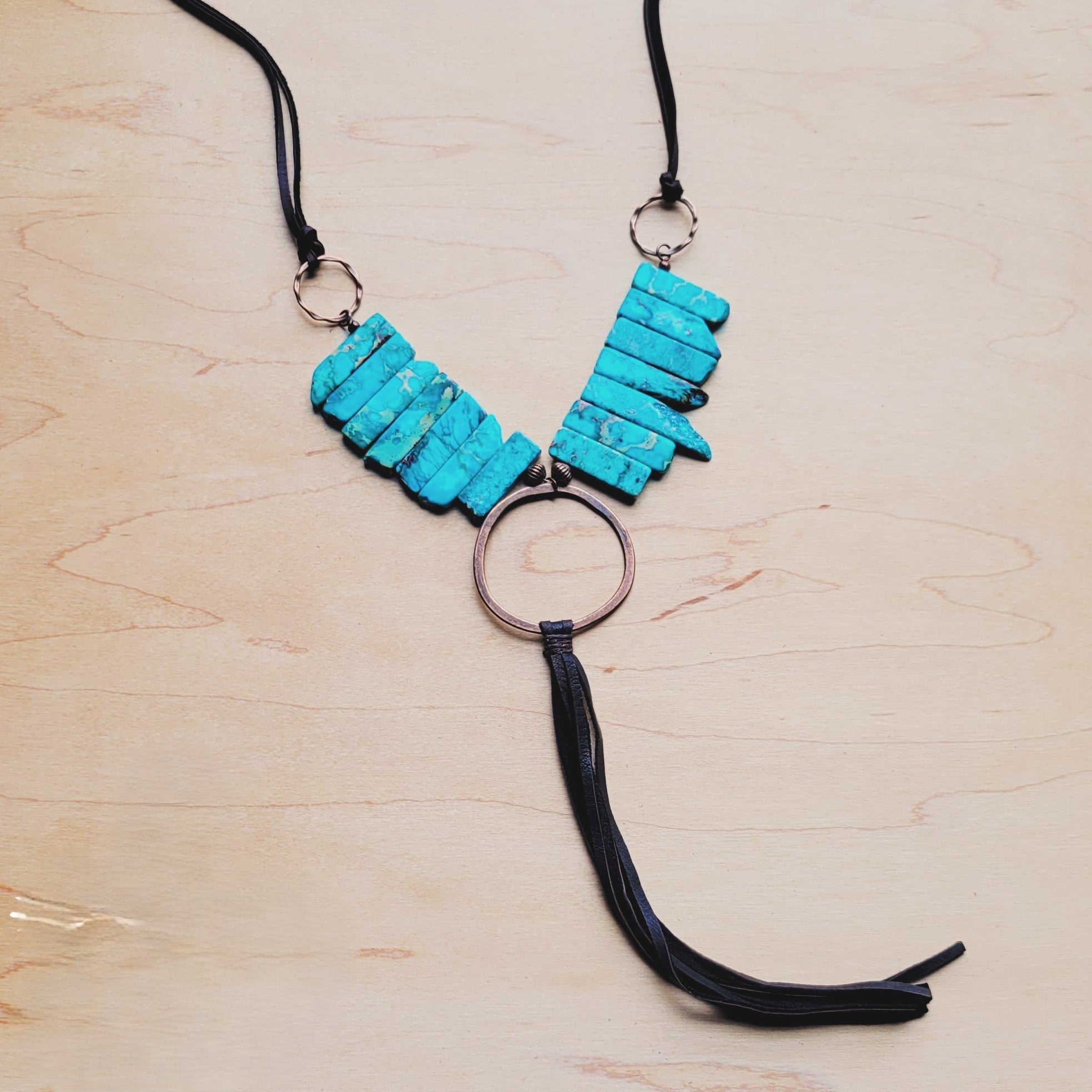 Imperial Jasper Slab Necklace w/ Copper Hoop &amp; Tassel 252h