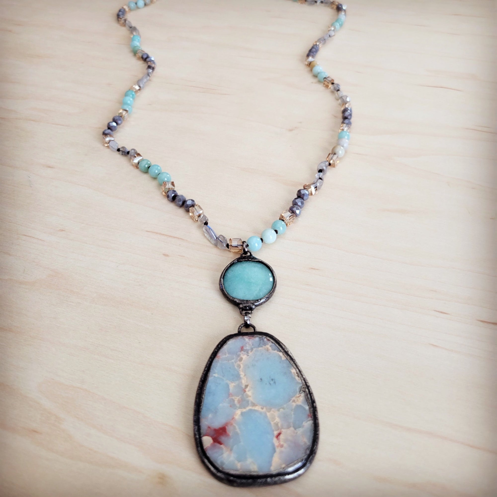 Amazonite &amp; Crystal Long Beaded Necklace w/ Large Jasper Pendant 262q