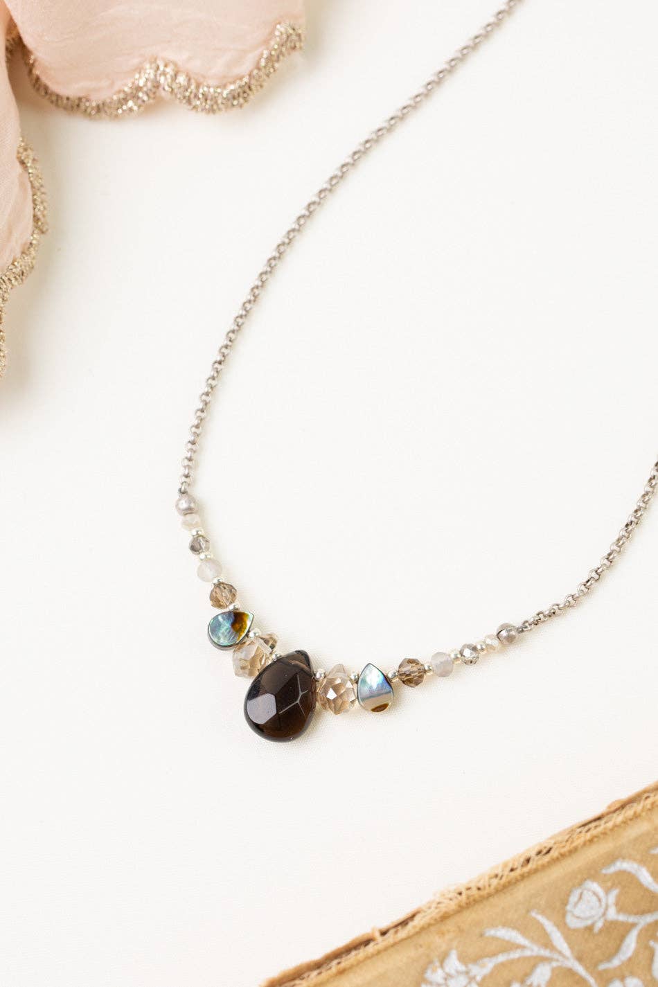 Smoky Quartz, Crystal and Abalone Necklace