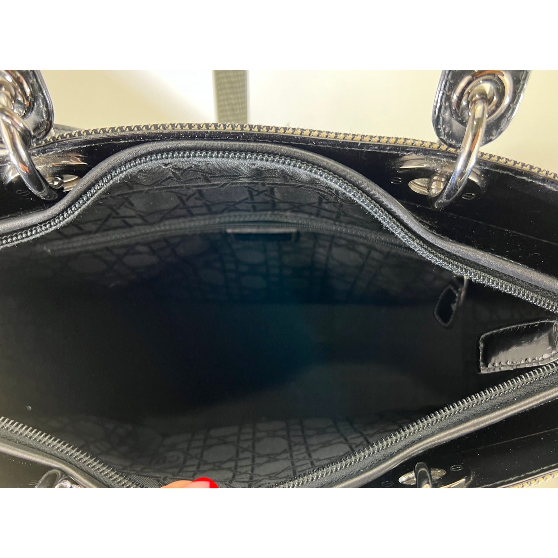 Dior Large Lady Black Patent Leather and Canvas Handbag