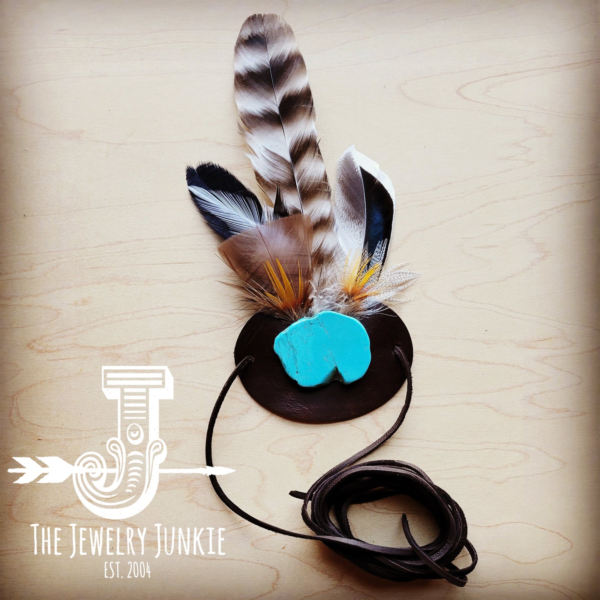 Blue Turquoise, Tan Feather &amp; Leather Hat Band (Band Only) 981a