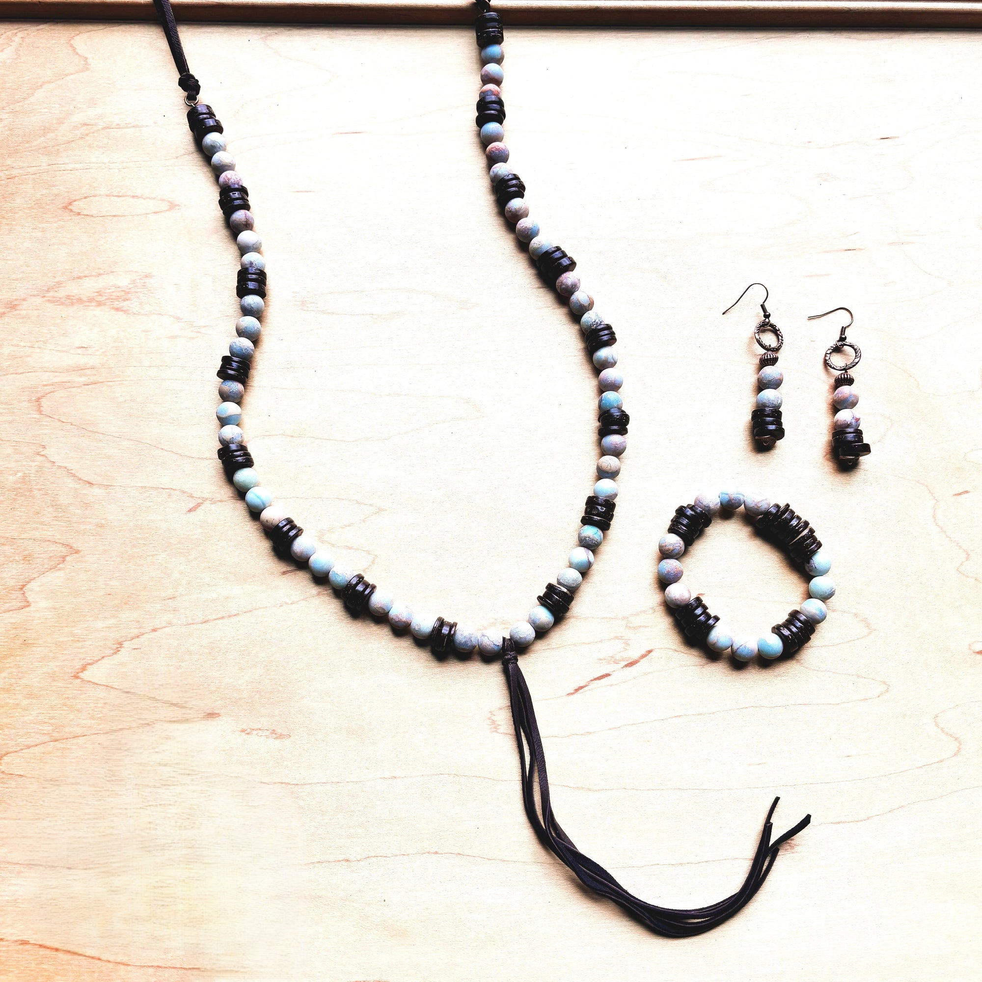 **Frosted Aqua Terra Necklace w/ Wood Beads &amp; Leather Tassel 258a