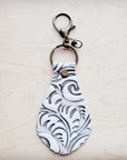 Embossed Leather Key Chain Sandy White Floral 703n