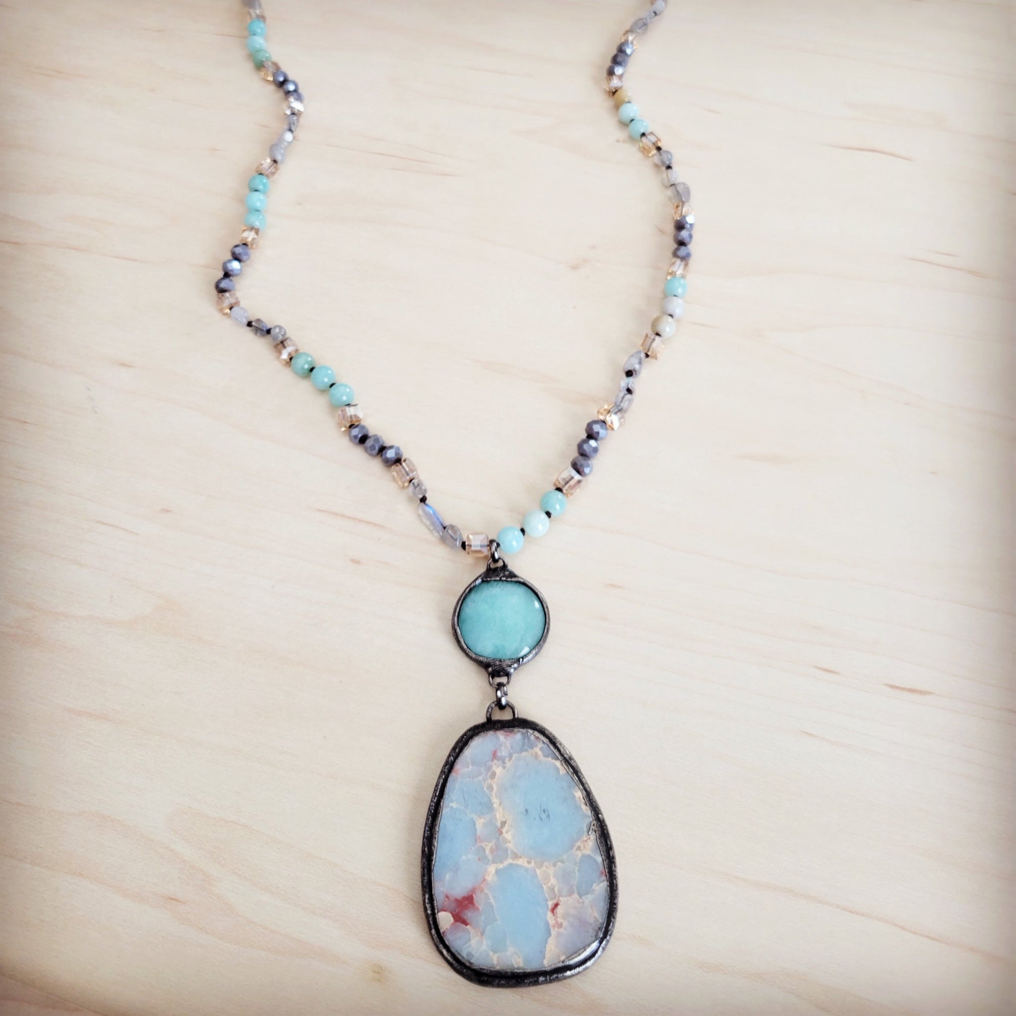Amazonite &amp; Crystal Long Beaded Necklace w/ Large Jasper Pendant 262q