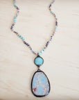 Amazonite & Crystal Long Beaded Necklace w/ Large Jasper Pendant 262q