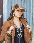 Hand-Painted Leopard Suede Baseball Cap w/ Flowers Tan 986L
