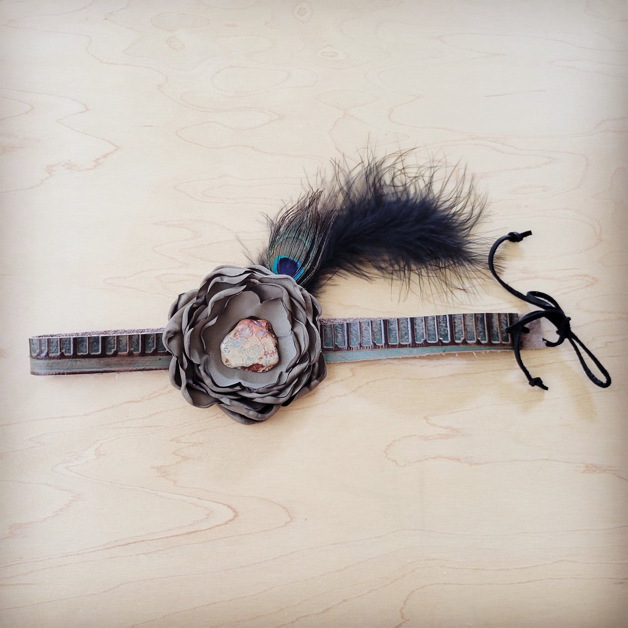Leather Hat Band w/ Silk Flower &amp; Feathers-Olive (Band Only) 952z