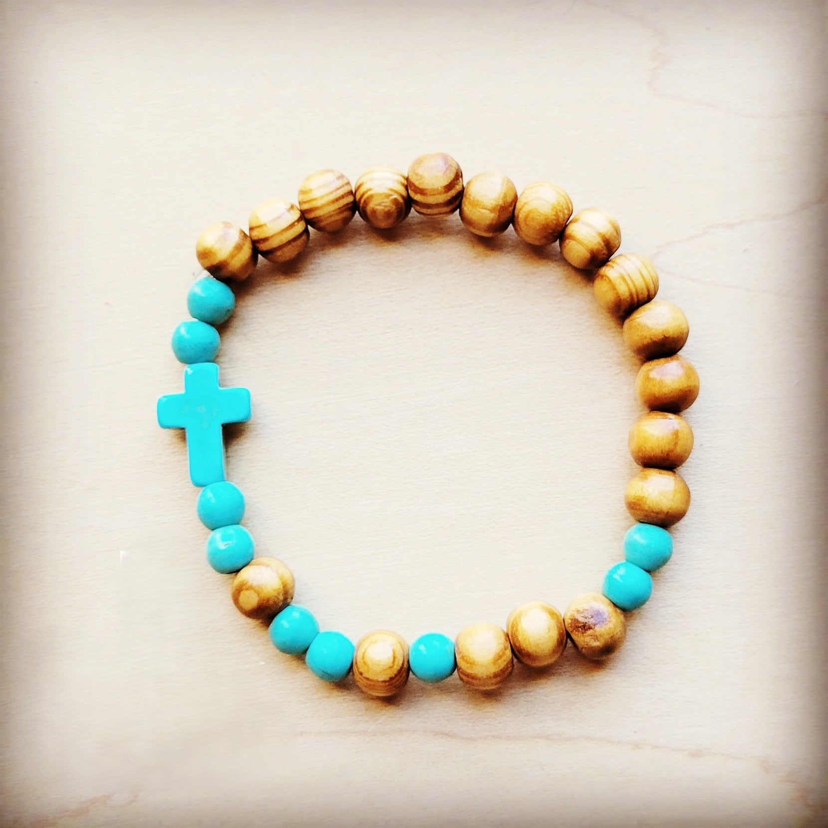 Bracelet Bar-Wood &amp; Blue Turquoise Beads 806u