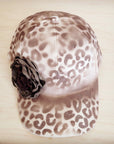 Hand-Painted Leopard Suede Baseball Cap Ivory w/ Flowers 986v