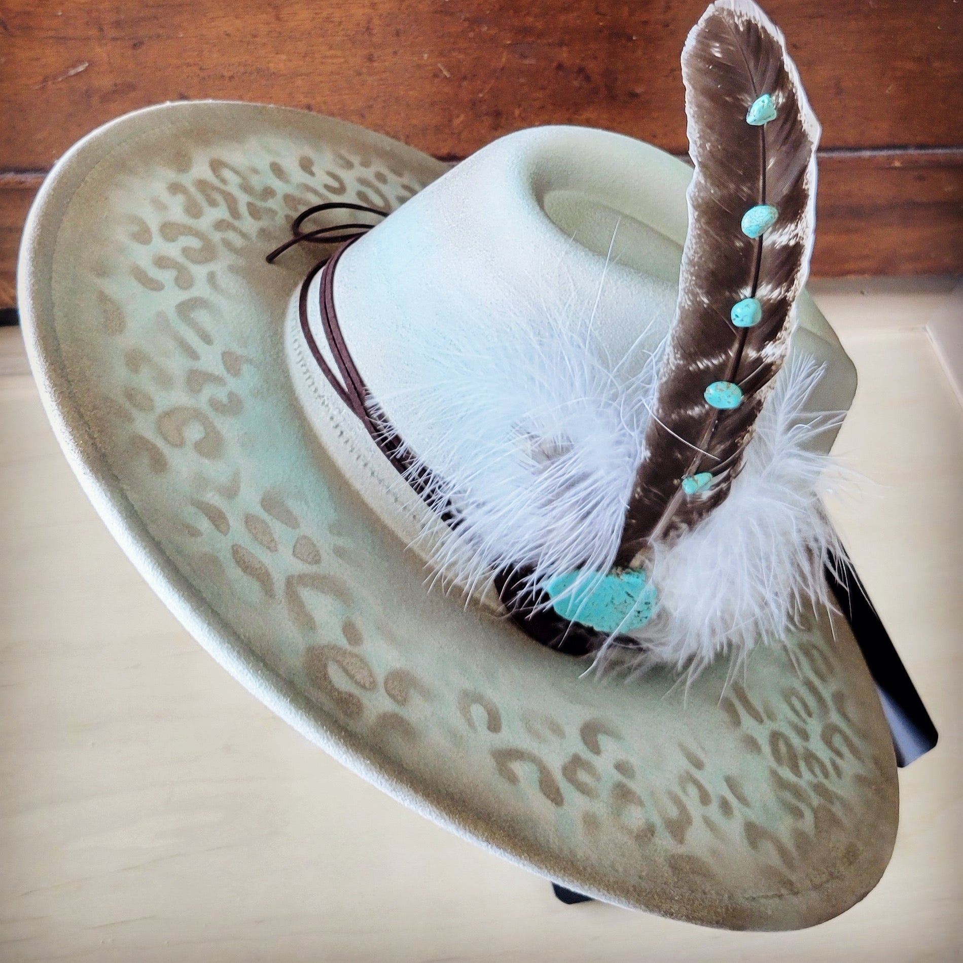Hand-Painted Leopard Boho Western Cowgirl Hat &amp; Band Mint 987d