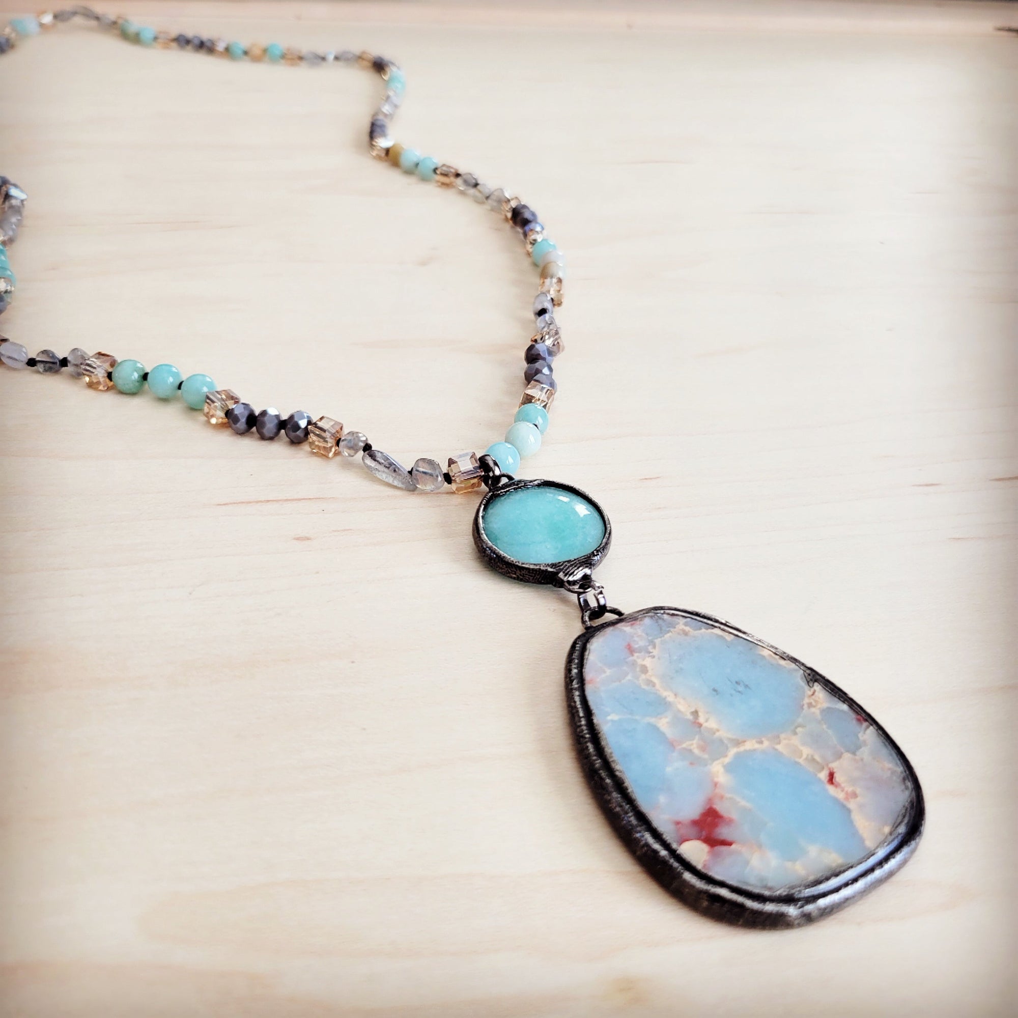 Amazonite &amp; Crystal Long Beaded Necklace w/ Large Jasper Pendant 262q