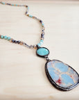 Amazonite & Crystal Long Beaded Necklace w/ Large Jasper Pendant 262q