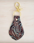 Embossed Leather Key Chain - Turquoise Brown Floral 700u