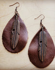 Leather Teardrop Earrings Brown w/ Copper Feather 208a