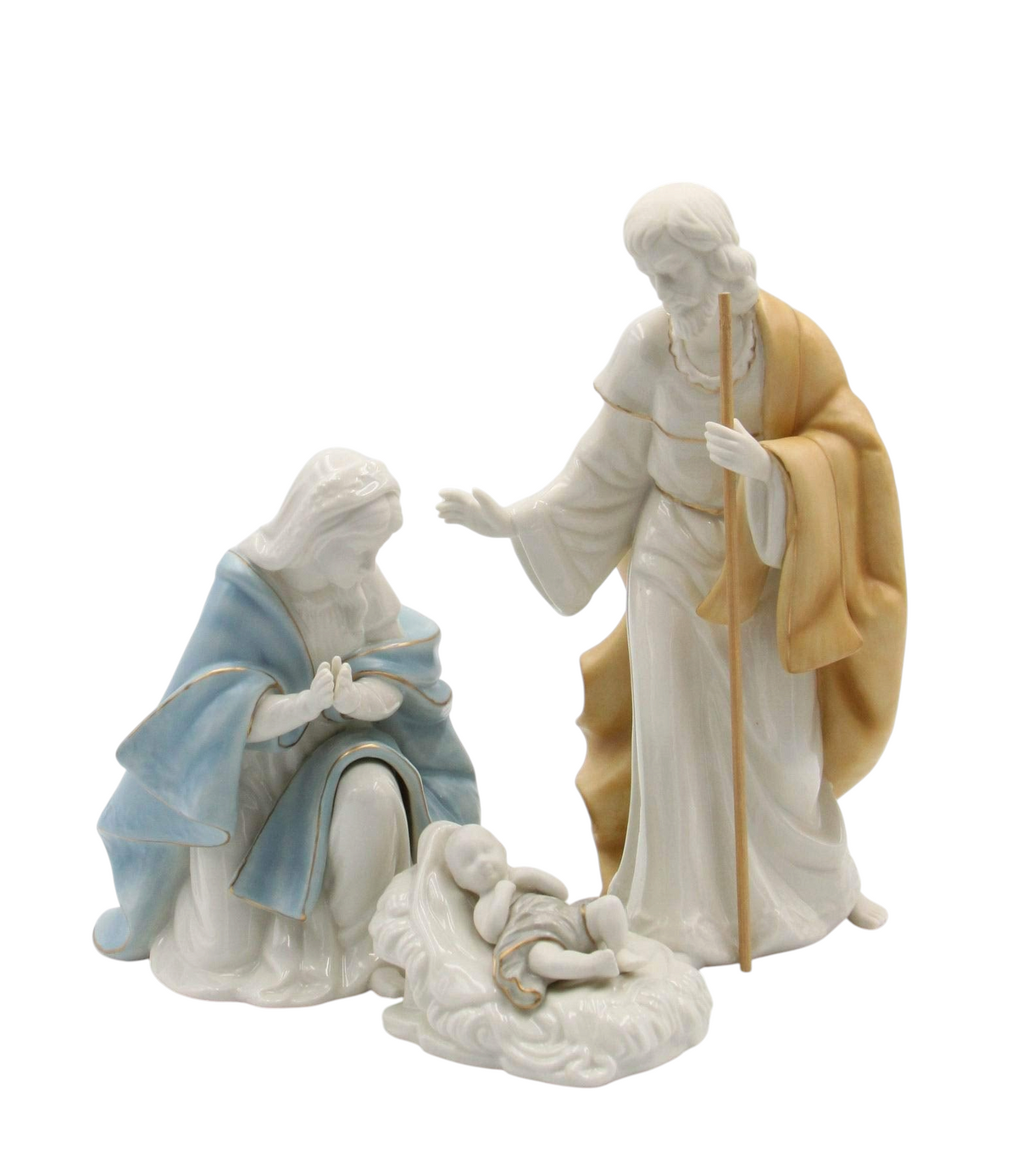 The Strawberry Shop 3-piece hand-painted porcelain nativity set featuring Mary, Joseph, and baby Jesus.
