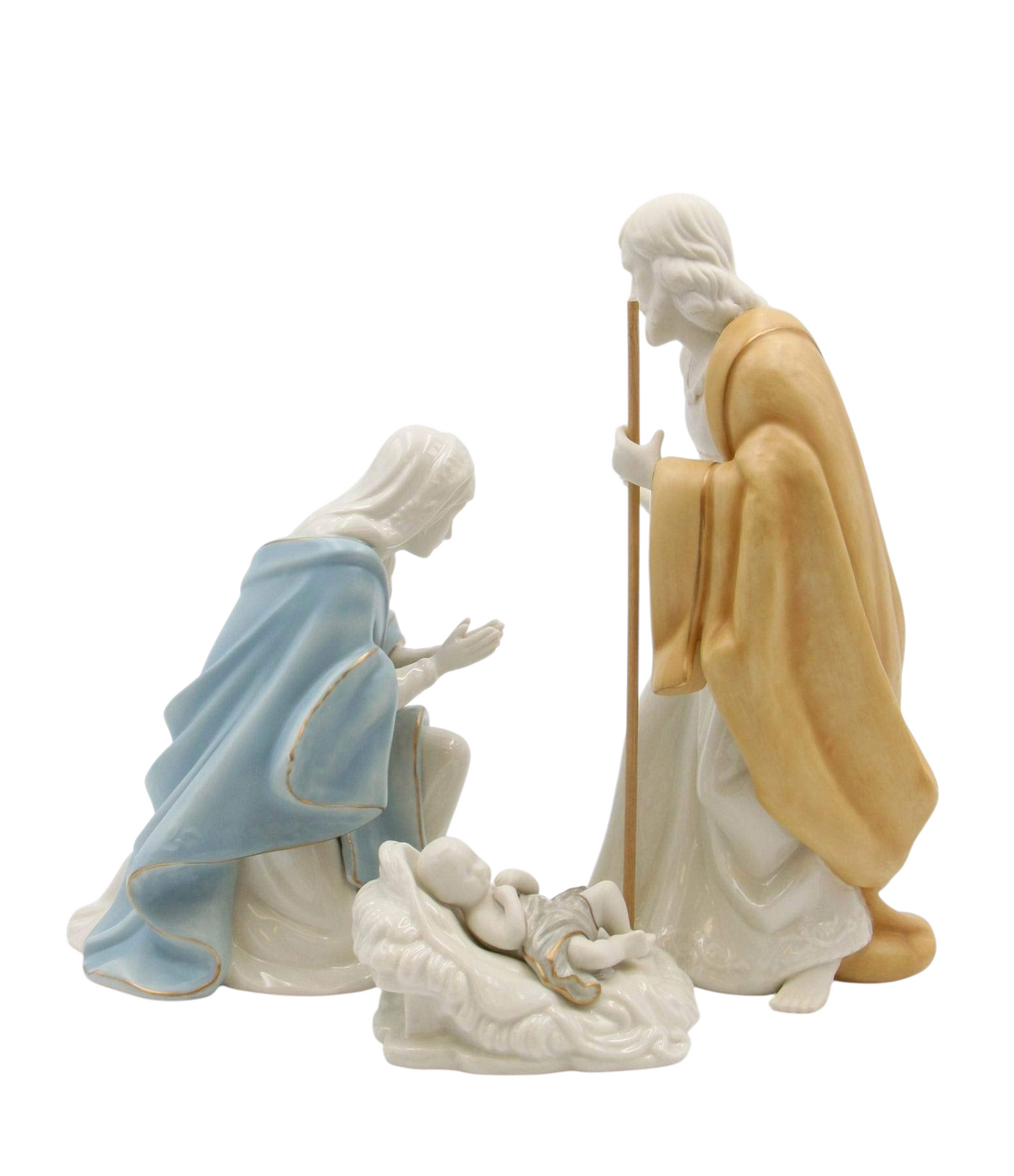 The Strawberry Shop 3-piece hand-painted porcelain Nativity set featuring Mary, Joseph, and baby Jesus in soft colors.