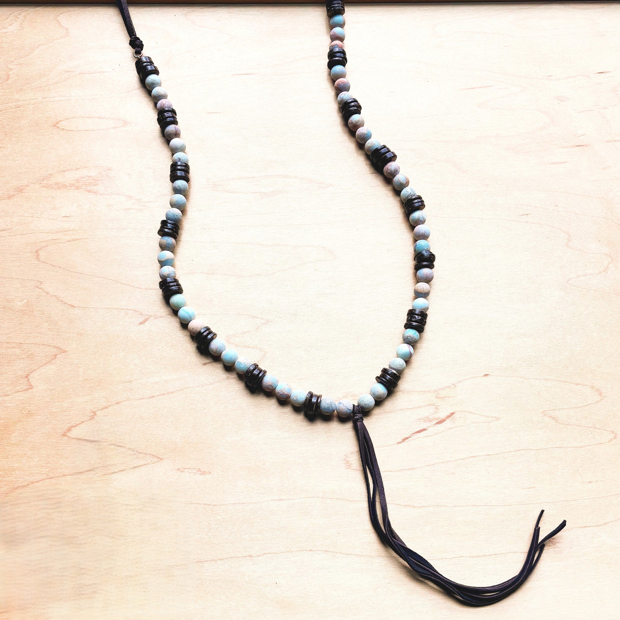 **Frosted Aqua Terra Necklace w/ Wood Beads &amp; Leather Tassel 258a